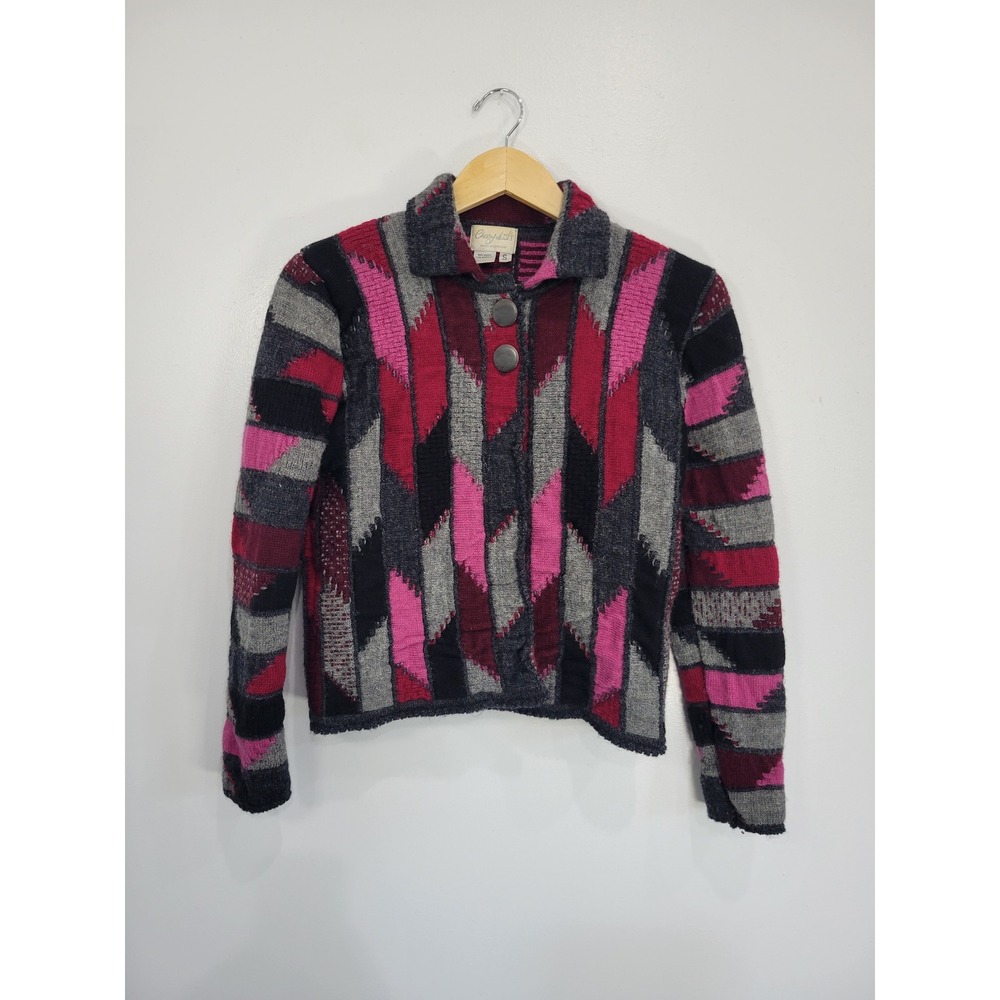 Cherry Lewis Made in England Wool Blend Geometric Intarsia Cardigan Sweater S